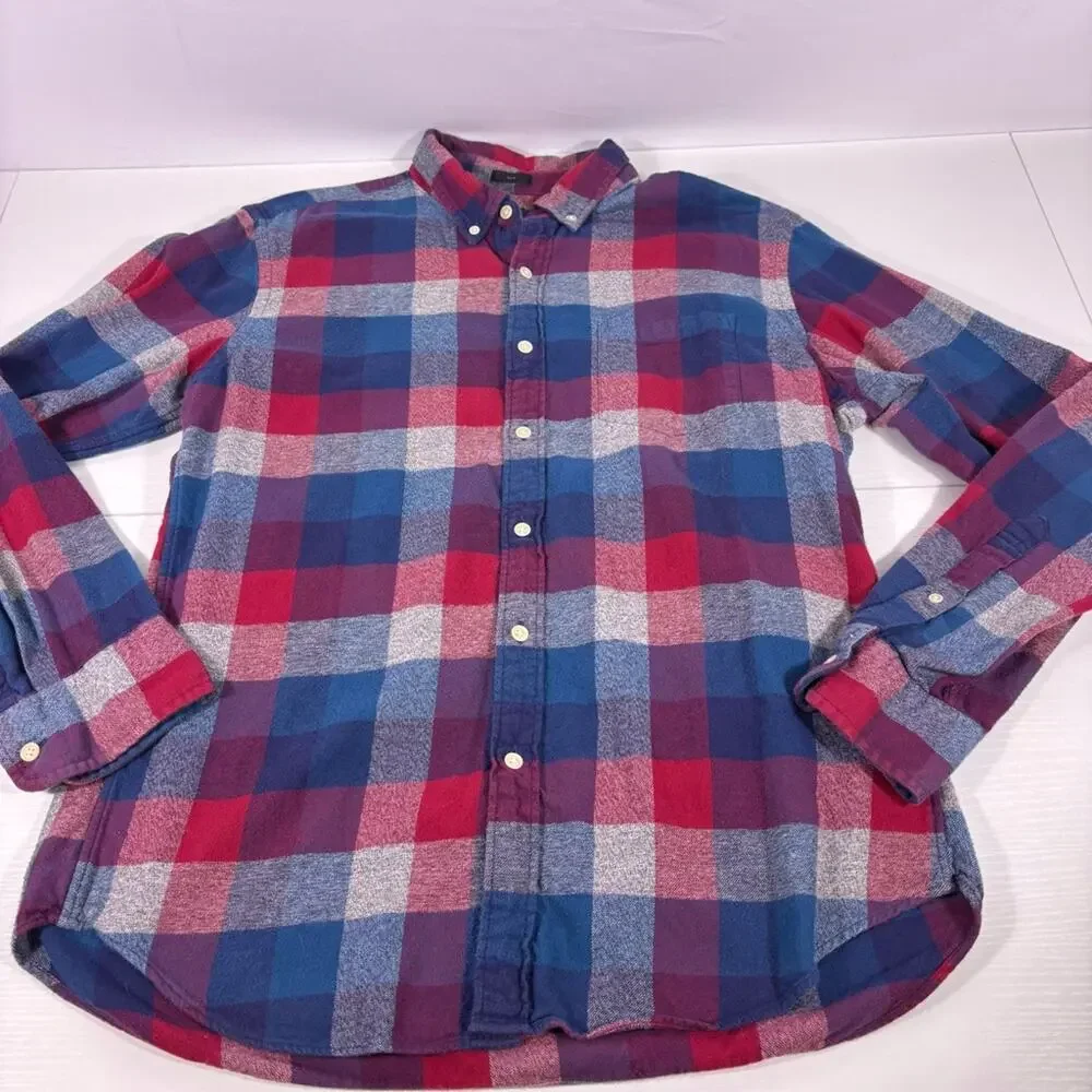J. Crew Red, Blue & Gray 100% Cotton Plaid Button-Down Slim Fit Shirt Large 1234